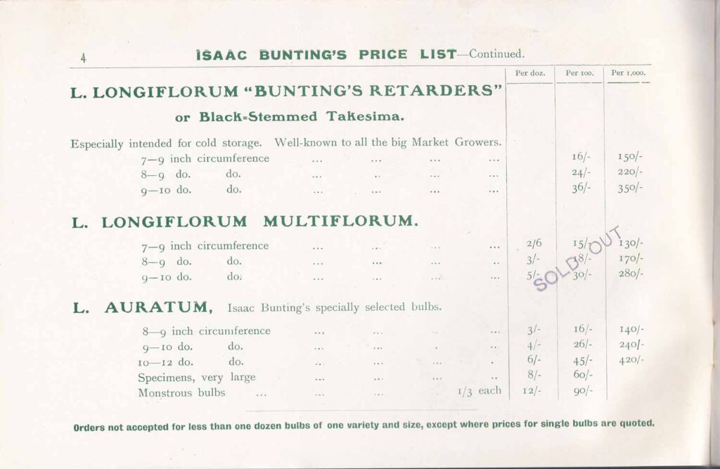 アイザック・バンティング社 価格表